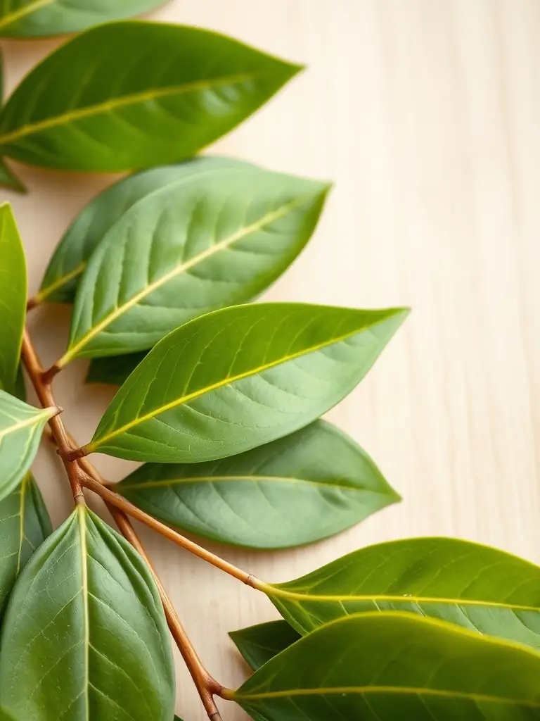Overhead shot of West Indian bay leaves, featuring their broader shape and glossy surface, scattered on a white linen cloth to accentuate their freshness and exotic origin.